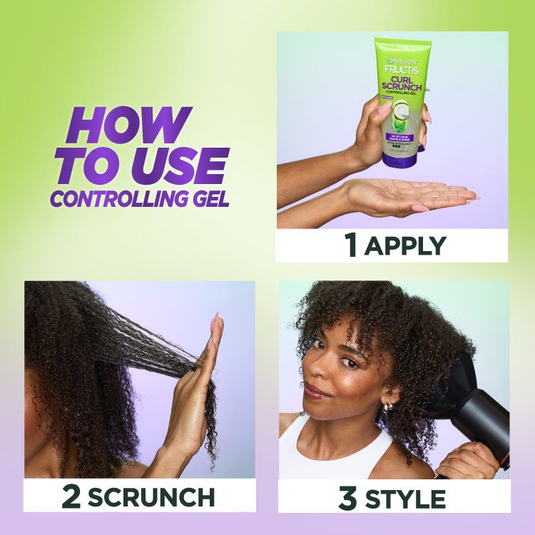Steps to use Garnier Fructis Curl Scrunch Controlling Gel: apply, scrunch, style.